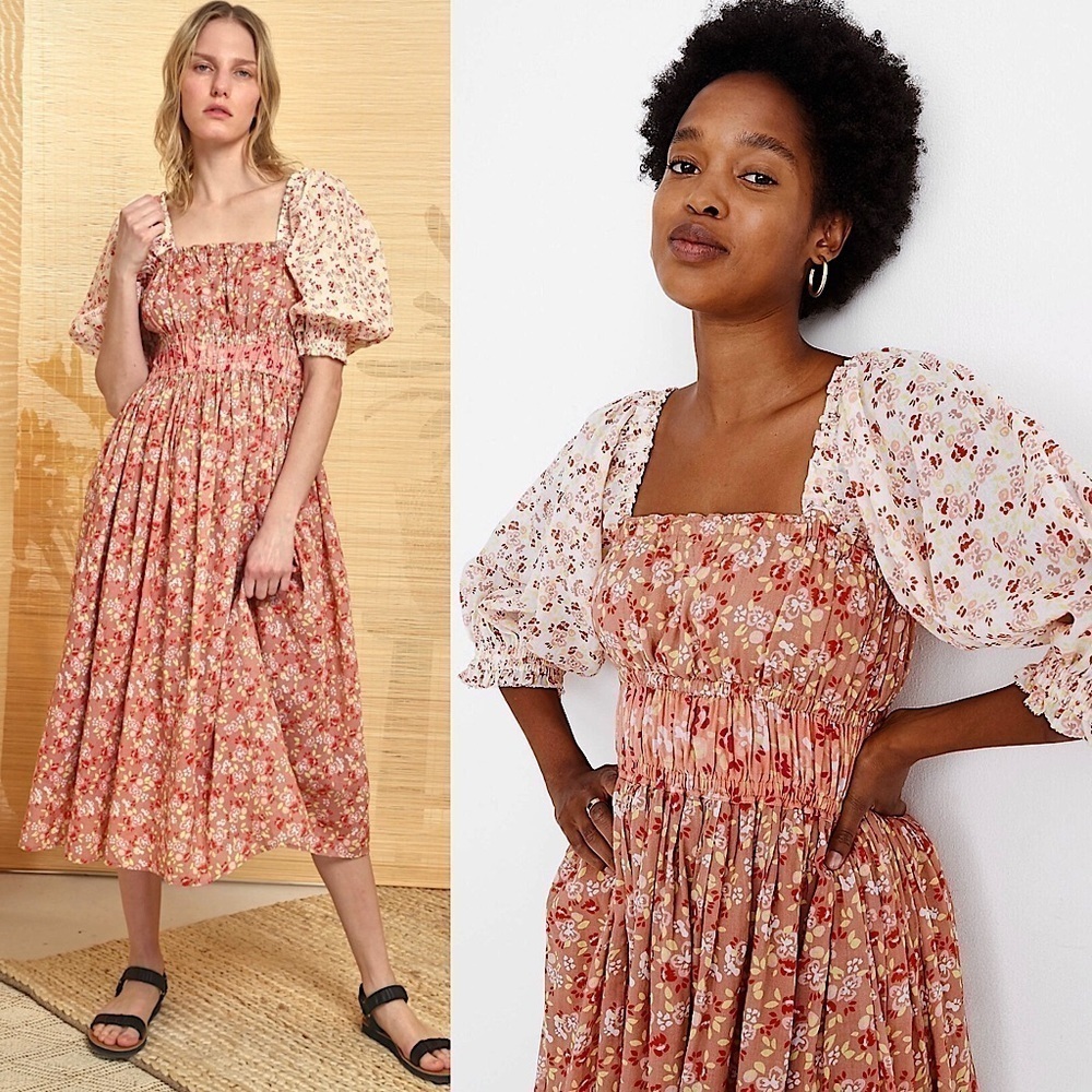 APIECE APART Floral Puff Sleeve Square Neck Smocked Waist Midi Prairie Dress 0